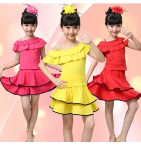 Fuchsia hot pink yellow girls kids children performance competition gymnastics latin salsa cha cha dance dresses